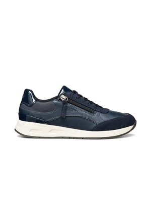 Marineblaue niedrige Sneaker mit weißer Sohle, Schnürung vorne, seitlichem Reißverschluss und gemischten Leder- und Stoffmaterialien.