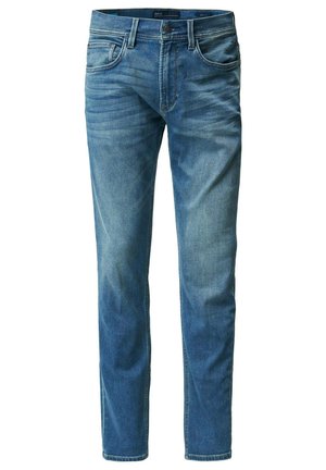 Jeans de denim azul con corte recto, que cuentan con cinco bolsillos y un cierre de botón. La tela tiene un acabado desgastado y una textura suave.