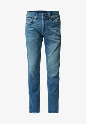 Blue denim jeans with a straight cut, featuring five pockets and a button fly. The fabric has a faded finish and a smooth texture.
