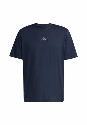 Granatowa bawełniana koszulka z krótkim rękawem, okrągłym dekoltem i małym białym logotypem "Adidas Originals" na piersi.