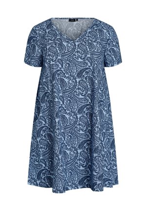 Vestido azul con estampado de cachemira, mangas cortas, escote en V y silueta fluida en línea A. Hecho de tela suave y ligera con una textura lisa.