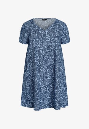Plava haljina s paisley uzorkom, kratkih rukava, s V-izrezom i lepršavim A-krojem. Izrađena od mekanog, laganog tkanina glatke teksture.
