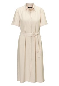 Abito midi a righe beige con maniche corte, apertura frontale con bottoni, colletto e cintura annodata in vita. Tessuto liscio e vestibilità morbida.
