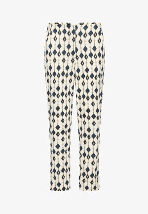 Pantalones con un fondo crema, que presentan un diseño geométrico de diamantes en azul y dorado. Silueta de pierna recta, textura suave.