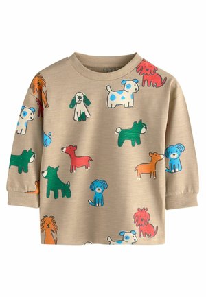 Beige Sweatshirt mit verschiedenen bunten Cartoon-Hunden in Grün, Rot, Blau und Orange. Rippbündchen und Rundhalsausschnitt. Weicher Stoff.