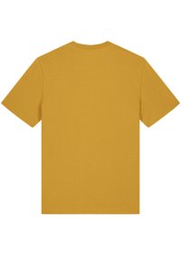 Mosterdgele katoenen t-shirt met een ronde hals, korte mouwen en een gladde textuur. Geen graphics of patronen zichtbaar.