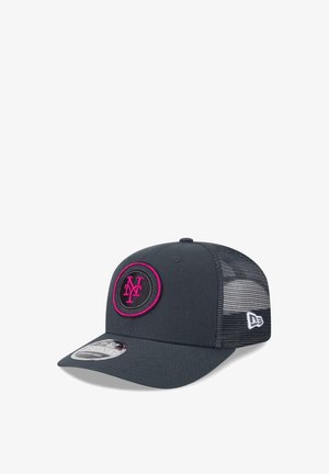 Dark gray baseball cap with pink embroidered "NY" logo on front and mesh back, showing a curved brim and New Era emblem on side.