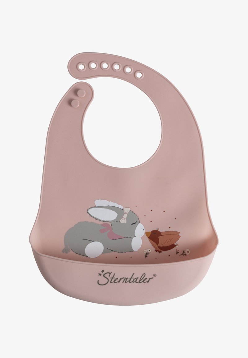 Silikon-Lätzchen in sanftem Rosa mit rundem Ausschnitt. Mit einem Grafikdesign von einem Hasen und einem Vogel sowie floralen Details. Flexibel, leicht zu reinigen und leichtgewichtig.