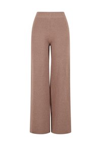 Pantalon en maille marron à jambes larges avec une taille haute et une texture subtile en nid d'abeille, présenté sur un fond blanc.