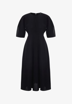 Abito nero con maniche a palloncino corte, scollatura rotonda e zip sul retro. Realizzato in tessuto morbido, la gonna si allarga delicatamente dalla vita.