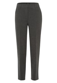 Szare, dopasowane spodnie w gładkim materiale, charakteryzujące się slim fit i paskami, z załamaniem z przodu dla eleganckiego wyglądu.