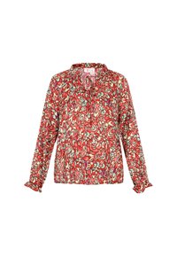 Langærmet bluse med et abstrakt blomsterprint i rød, turkis og creme, flæset halsudskæring og slipsedetalje ved kraven.
