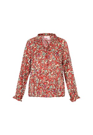 Bluză cu mânecă lungă, cu un model floral abstract în culori roșii, turcoaz și crem, cu guler ondulat și detaliu cu funda la gât.