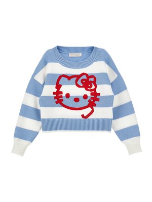 Pull rayé bleu et blanc avec un motif de visage Hello Kitty rouge à l'avant, manches longues, poignets et ourlet côtelés.