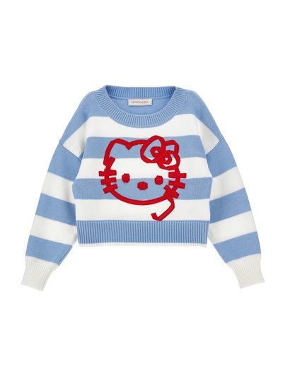 Pull rayé bleu et blanc avec un motif de visage Hello Kitty rouge à l'avant, manches longues, poignets et ourlet côtelés.