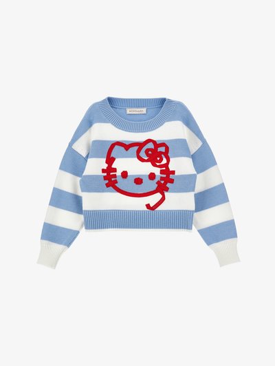 Pull rayé bleu et blanc avec un motif de visage Hello Kitty rouge à l'avant, manches longues, poignets et ourlet côtelés.