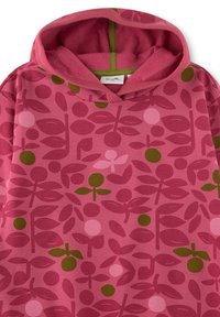 Rosa Kapuzenpullover mit einem Muster aus dunkelrosa und grünen stilisierten Blättern und Beeren, ausgestattet mit einer abnehmbaren Kapuze und Fleece-Futter.