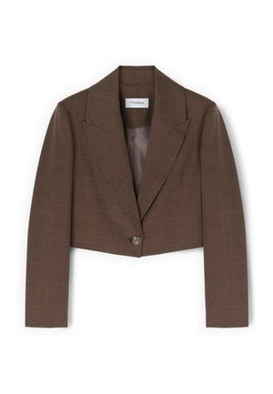 Bruine cropped blazer met lange mouwen, sluiting met één knoop, brede revers en subtiel geruit patroon, merk Motivi.