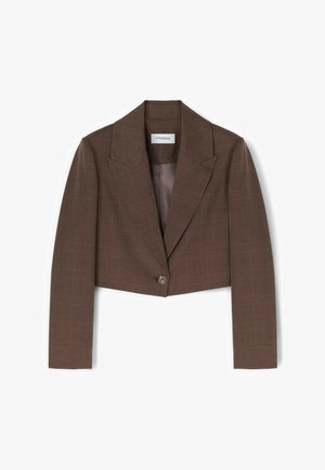 Brauner kurz geschnittener Blazer mit langen Ärmeln, Ein-Knopf-Verschluss, weitem Revers und dezentem Karomuster, Marke Motivi.