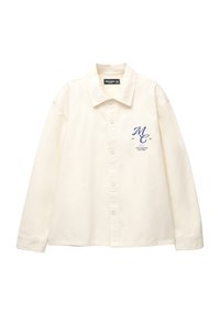 Light beige long-sleeve shirt made of cotton. Features a pointed collar, button closure, and a blue embroidered logo on the left chest.