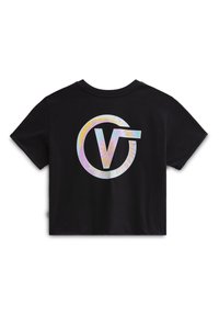 Svart kortärmad crop-top med multicolor iriserande cirkeldesign som har ett stort "V" och en horisontell linje som sträcker sig på baksidan.
