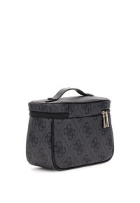 Borsa cosmetica grigia con un motivo geometrico, dotata di manico superiore, chiusura con zip e dettagli in metallo argentato. Finitura in tessuto testurizzato.