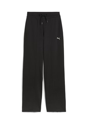 Schwarze Puma-Sweatpants mit elastischem Bund, Kordelzug, Seitentaschen und weißem Puma-Logo auf dem linken Oberschenkel, flach ausgelegt.