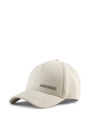 Lichtbeige suède baseballpet met gebogen klep en "ANTONY MORATO" geperst in het midden aan de voorkant.