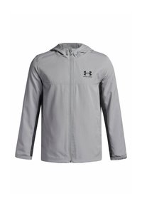 Lichtgrijze windbreaker jas gemaakt van glad nylon stof, met een rits aan de voorkant, een capuchon en een zwart logo op de borst, voorzien van donkere zijaccenten.