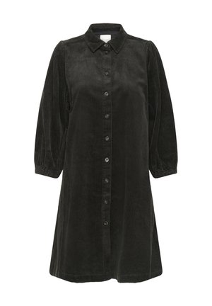 Schwarzes Cordkleid mit langen Puffärmeln, Knopfleiste vorne und Kragen, knielang und mit lockerer Passform.