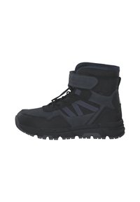 Bottes de randonnée montantes noires avec tige en synthétique, finition texturée, fermeture à sangle et semelle en caoutchouc avec trois rayures latérales en bleu foncé.