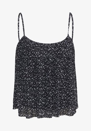Top en camisole à imprimé floral noir avec de fines bretelles réglables, présentant une coupe ample et une texture plissée sur l'ensemble.