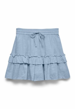 Hele sinine kihiline seelik elastse vöökohaga ja ees nööriga, tekstuurse kangaga ja volangiliste kihtidega.