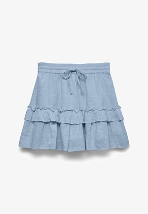 Lyseblåt lagdelt skørt med elastisk linning og snøre foran, med tekstureret stof og flæser.
