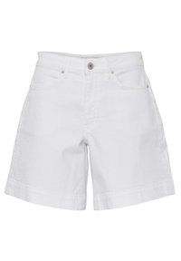 Shorts in denim bianco con una vestibilità comoda, caratterizzati da chiusura a bottone, tasche anteriori e orlo arrotolato. Texture liscia, design casual.