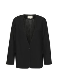 Čierny blazer s hladkým povrchom, V-výstrihom, jedným gombíkom, dlhými rukávmi a pruhovanou podšívkou. Obsahuje náprsné vrecko.
