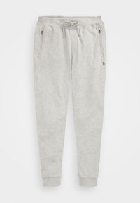 Ljusgråa sweatpants tillverkade av mjukt material, med dragsko i midjan, två fickor med dragkedja på sidorna och åtsittande cuffar.