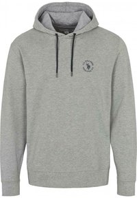 Grå hoodie tillverkad av blandat bomullstyg, med en framficka i känguru-stil, dragsnören och en logotyp på bröstet. Slät textur.