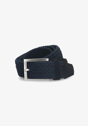 Navy woven belt made of fabric with a rectangular silver metal buckle and a black suede loop for added detail.