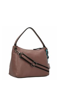 Lederhandtasche in Mauve mit strukturiertem Finish, ausgestattet mit einem oberen Griff und verstellbarem Schulterriemen. Reißverschluss und blauer Akzent.