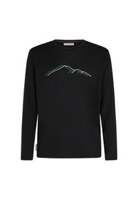 Zwarte lange mouwen shirt met ronde hals, voorzien van een minimalistisch ontwerp van een blauwe en groene berglijn op de borst.