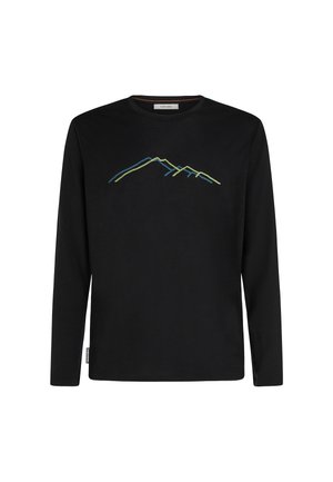 Black long-sleeve shirt with crew neck featuring a minimalist blue and green mountain line design on the chest.