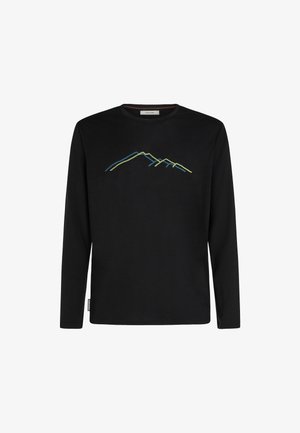 Černé tričko s dlouhým rukávem a kulatým výstřihem s minimalistickým modro-zeleným designem horské linie na hrudi.