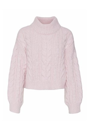 Rosa, kortärmad tröja med kabelstickat mönster, hög krage och breda, ribbade ärmslut. Mjuk textur och avslappnad passform.