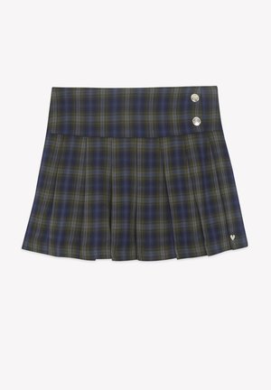 Korte geplooide rok met blauw-groen ruitpatroon, twee zilveren knopen op de tailleband en een klein hartdetail bij de zoom.