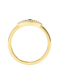 Zelta gredzens ar centrālo zilo dārgakmeni, ko ieskauj rinda ar maziem caurspīdīgiem akmeņiem izliekta formas joslā. Gluds, pulēts apdare.