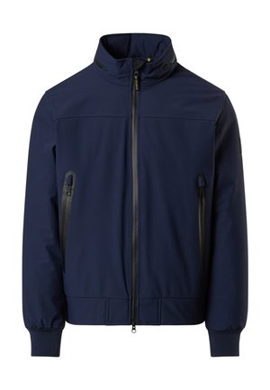 Giacca blu navy in tessuto liscio, con collo alto, apertura frontale con zip e due tasche laterali con dettagli neri.