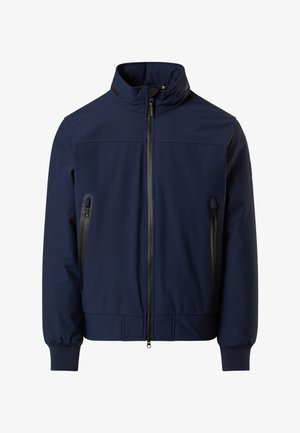 Marineblaue Jacke aus glattem Stoff, mit hohem Kragen, Reißverschluss vorne und zwei Seitentaschen mit schwarzen Akzenten.
