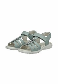 Sandali azzurri chiari realizzati in materiale sintetico, con più cinturini, dettagli decorativi in argento e una suola in gomma bianca e testurizzata.