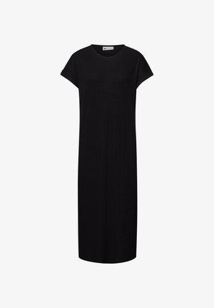 Black midi dress with short rolled sleeves, round neckline, and subtle vertical texture, displayed on a white background.